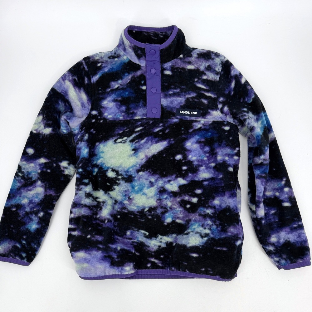 Lands End Kids Fleece Pullover Purple Galaxy Space Pockets Sz M 8